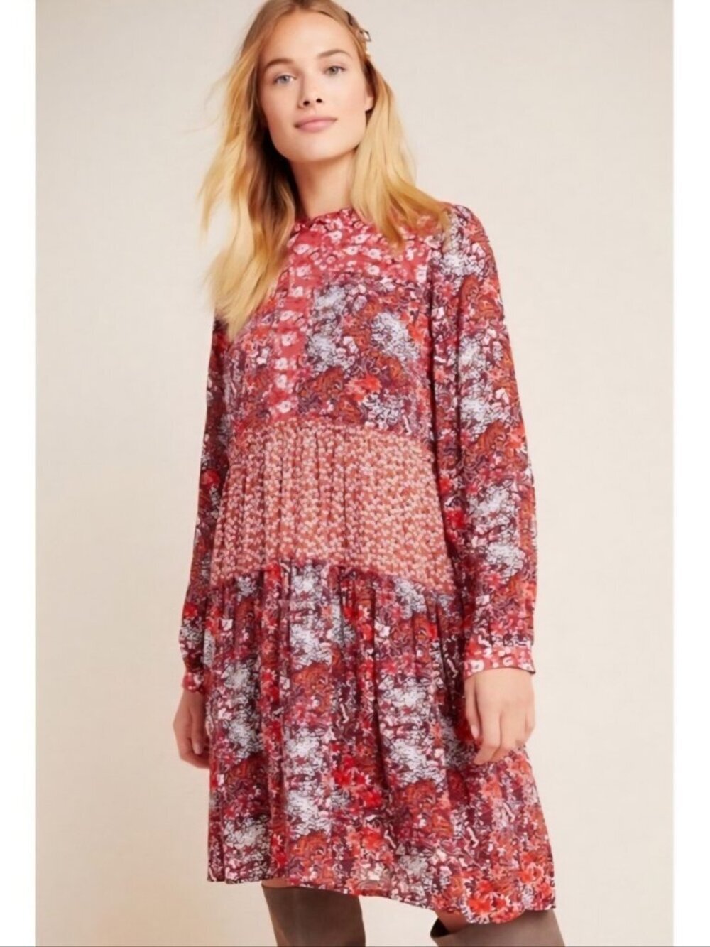 Maeve Anthropologie Esther Mixed Floral Patchwork Tiered Dress Boho size medium